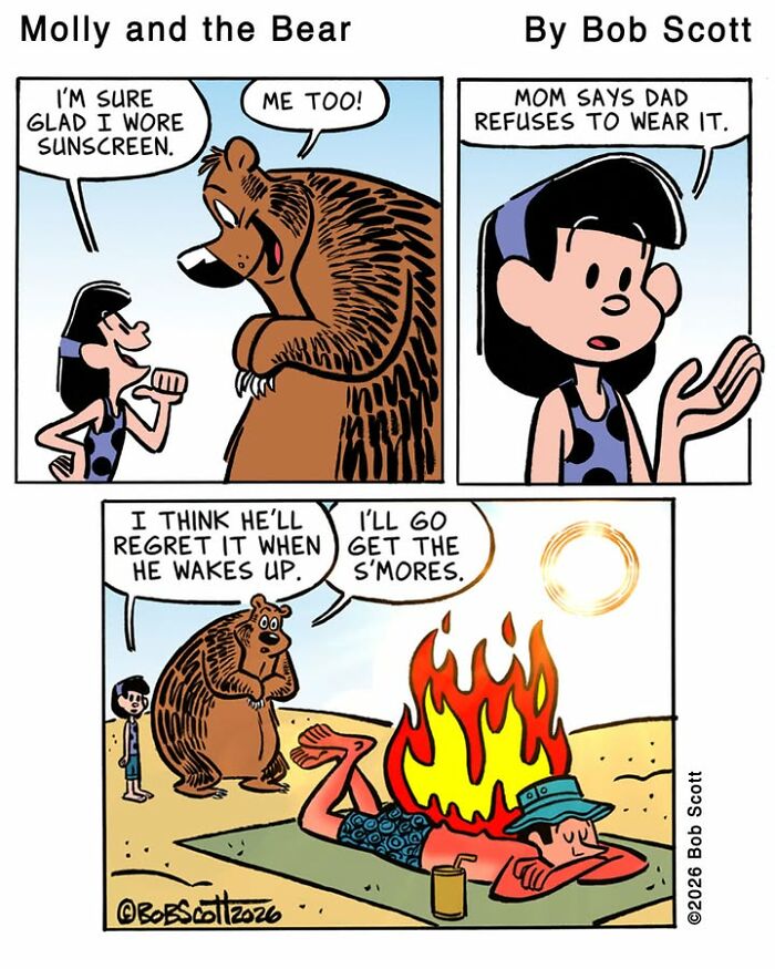A comic panel shows a cartoonist's lovable bear at the beach, getting sunburned, portraying humorous family life.