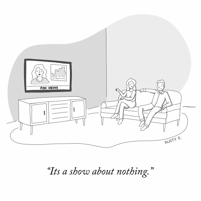 One-panel comic of a couple watching a news station on TV and discussing the show