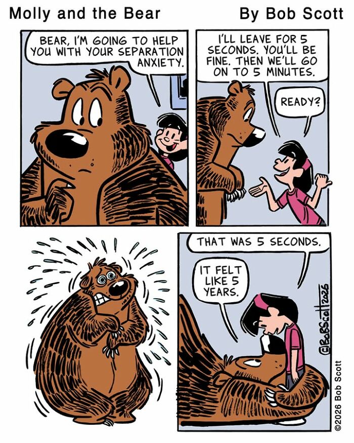 A comic panel shows a cartoonist's lovable bear experiencing separation anxiety, depicting a funny family moment.
