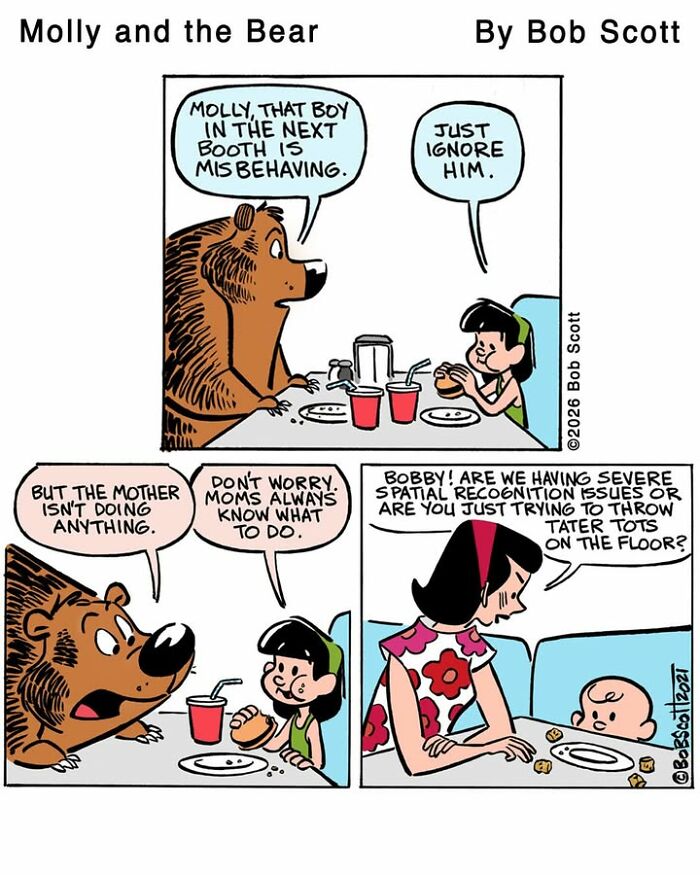 A comic panel shows a cartoonist's lovable bear and a girl at a diner, observing a misbehaving child, highlighting family interactions.