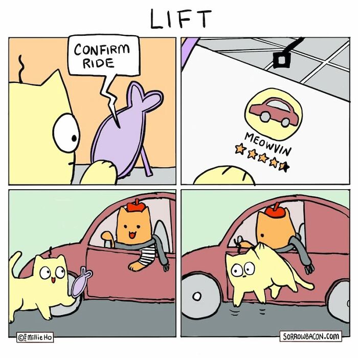 Artist creates comics about a cat getting a car ride, a funny twist on life's random things.