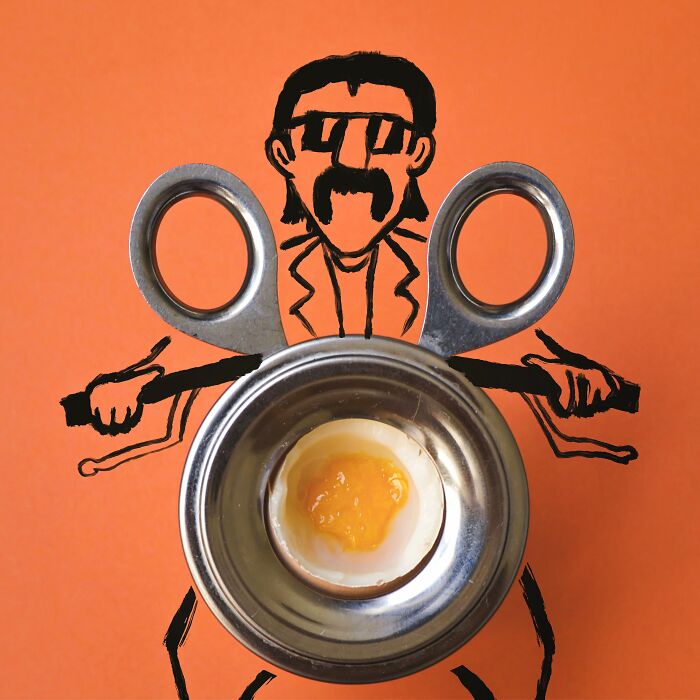 A creative illustration of an egg separator reimagined as a motorcycle ridden by a cartoon man on an orange background