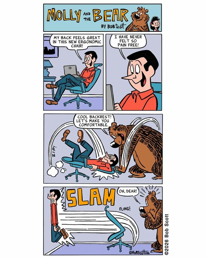 A comic panel shows a cartoonist's lovable bear comically breaking an ergonomic chair, illustrating a funny family cartoon.
