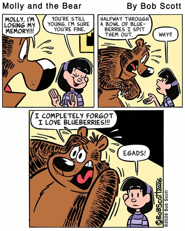 A comic panel shows a cartoonist's lovable bear having a memory lapse about blueberries, showcasing humorous family life.