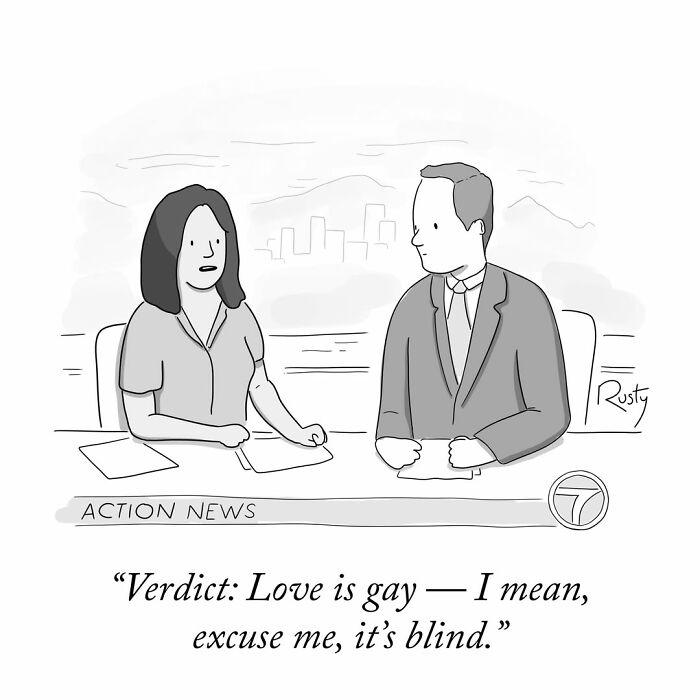 A hilariously ironic one-panel comic about news anchors delivering a funny slip-of-the-tongue verdict.