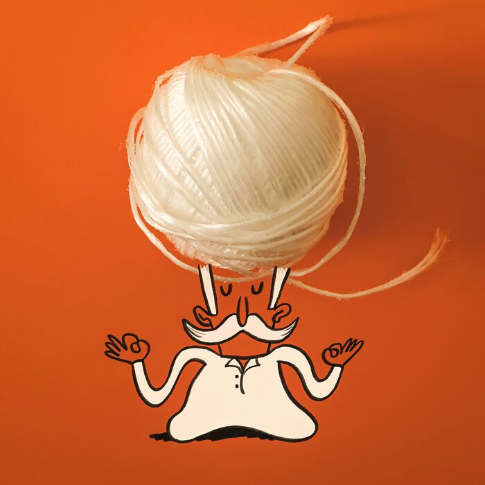 A white ball of yarn serves as hair for a meditating man in these playful illustrations by Romain Joly