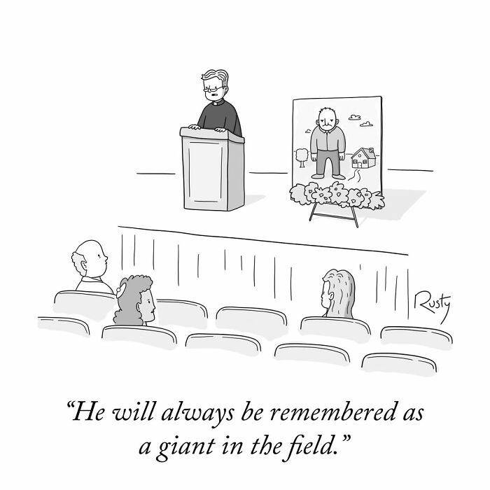 One-panel comic depicting a priest at a funeral making a funny pun about a giant in the field.