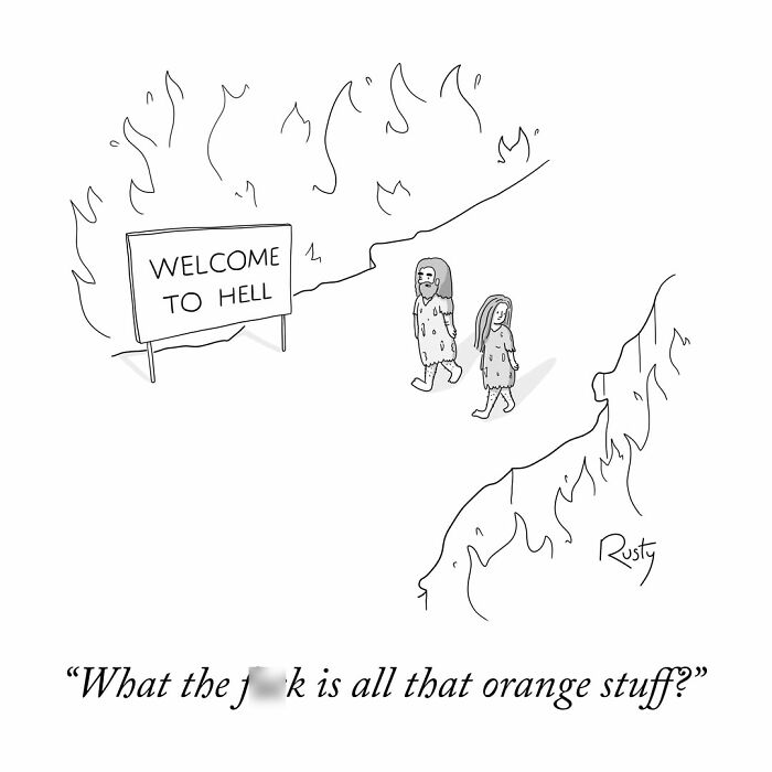Funny one-panel comic showing two people entering hell, confused by the concept of orange fire.