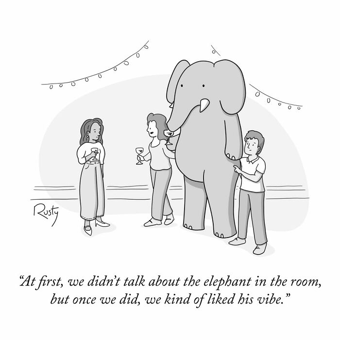 One-panel comic depicting people talking to a literal elephant in the room at a party