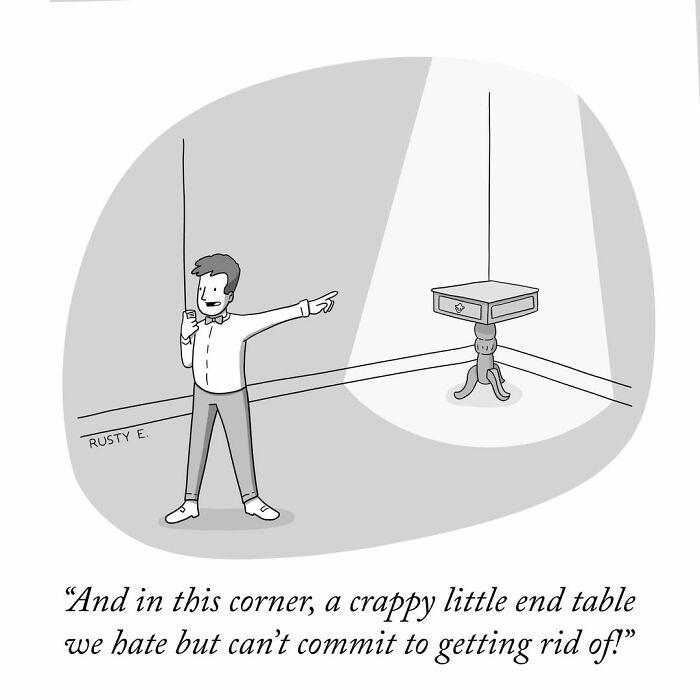 Humorous one-panel comic of a game show host presenting a crappy end table that owners cannot get rid of.