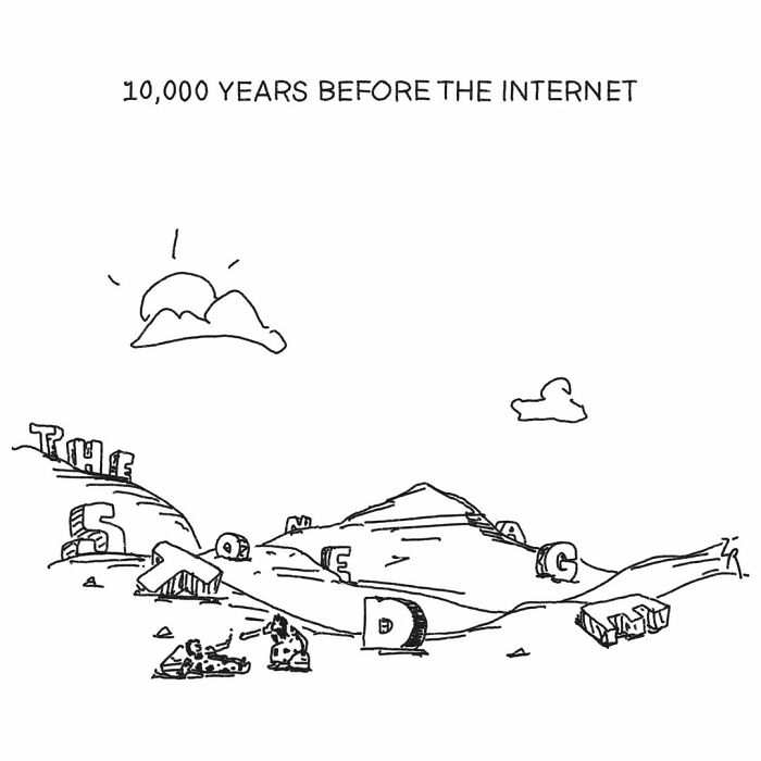 Cavemen comics depicting large letters forming THE GOOGLE in a landscape 10,000 years before the internet.