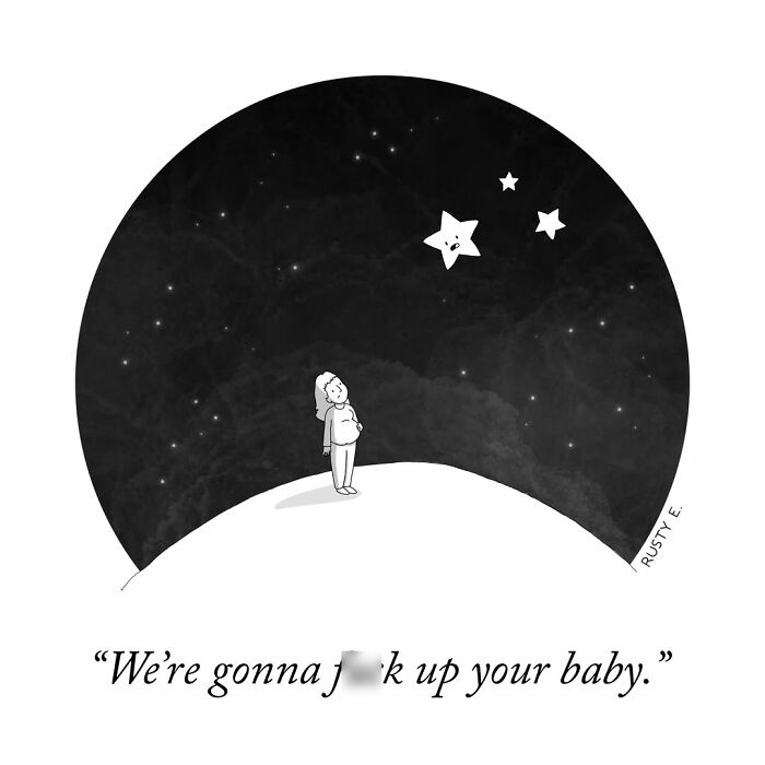 One-panel comic depicting a pregnant woman under a night sky with talking stars