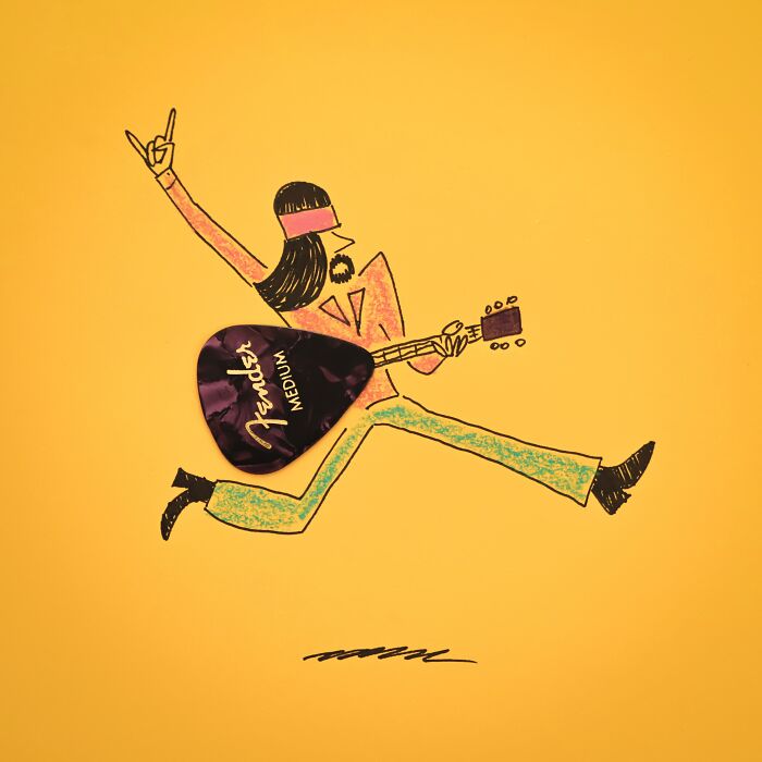 A fun illustration of a Fender guitar pick used as the body of a rock star guitarist jumping on a yellow background