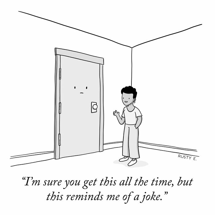 A humorous one-panel comic depicting a woman speaking to an anthropomorphic door about a joke.