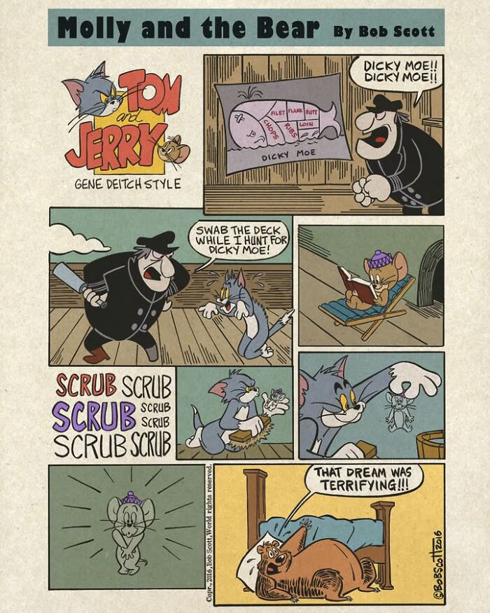 A comic showing a lovable bear waking up in bed, terrified after a dream about Tom and Jerry.