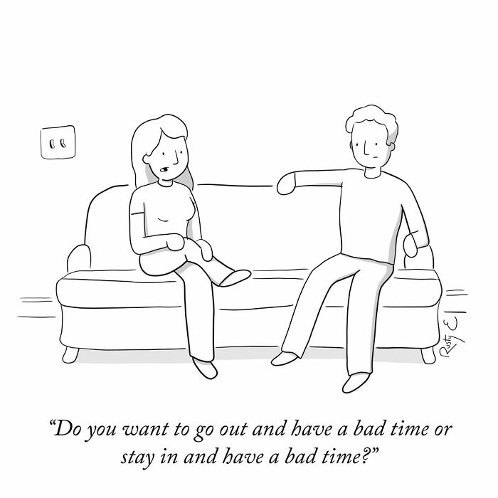 A hilariously depressing one-panel comic about a couple on a couch deciding whether to stay in or go out.