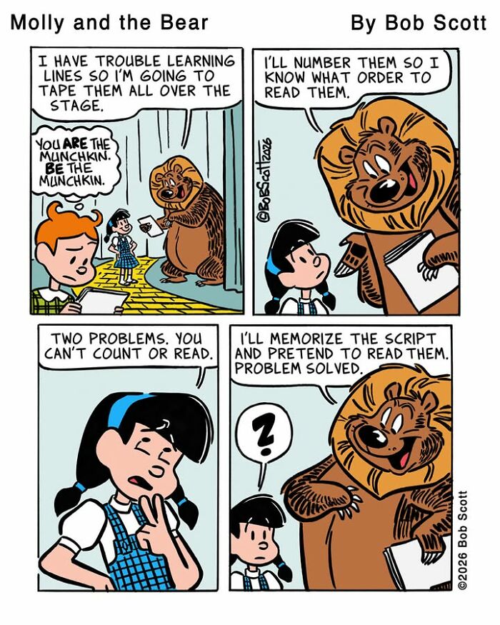 A comic showing a family living with a lovable bear struggling to learn lines for a play.