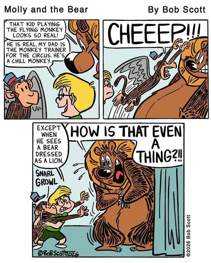 A comic showing a family living with a lovable bear who is afraid of a boy dressed as a flying monkey.
