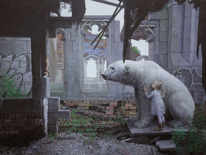 A young girl comforting a large polar bear in dystopian paintings by Kevin Peterson inside a ruined building.