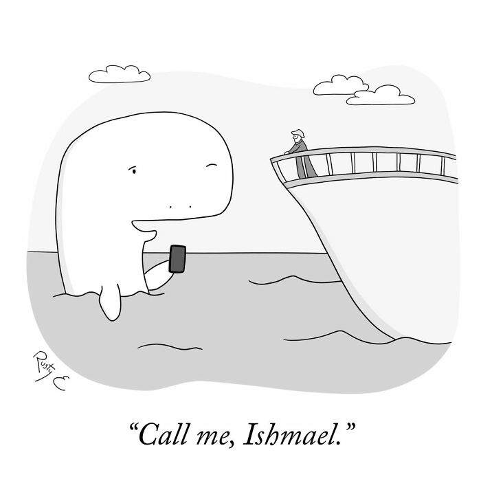 A funny one-panel comic featuring a large whale holding a smartphone next to a ship.