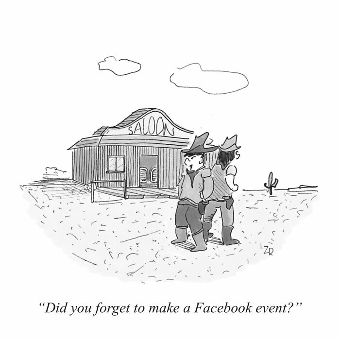 Absurd comics of two cowboys in front of a saloon wondering if a Facebook event was created.