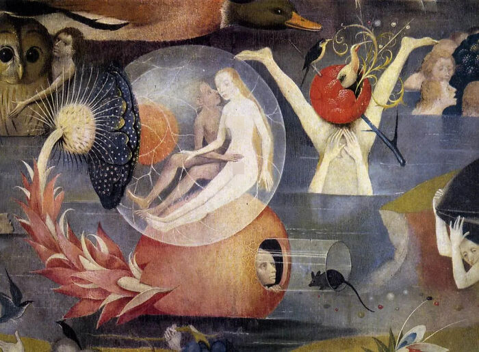Detailed section of a famous painting, showing strange figures and surreal elements.