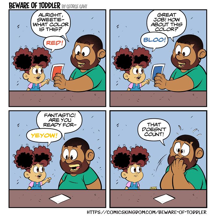 A comic about the chaos of parenting a toddler who incorrectly identifies colors with playful mispronunciations.