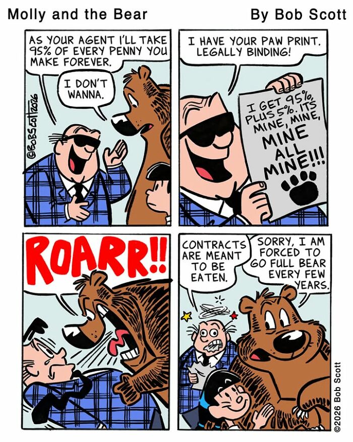 Cartoon of a lovable bear eating a contract while an agent screams. The bear is afraid of contracts.