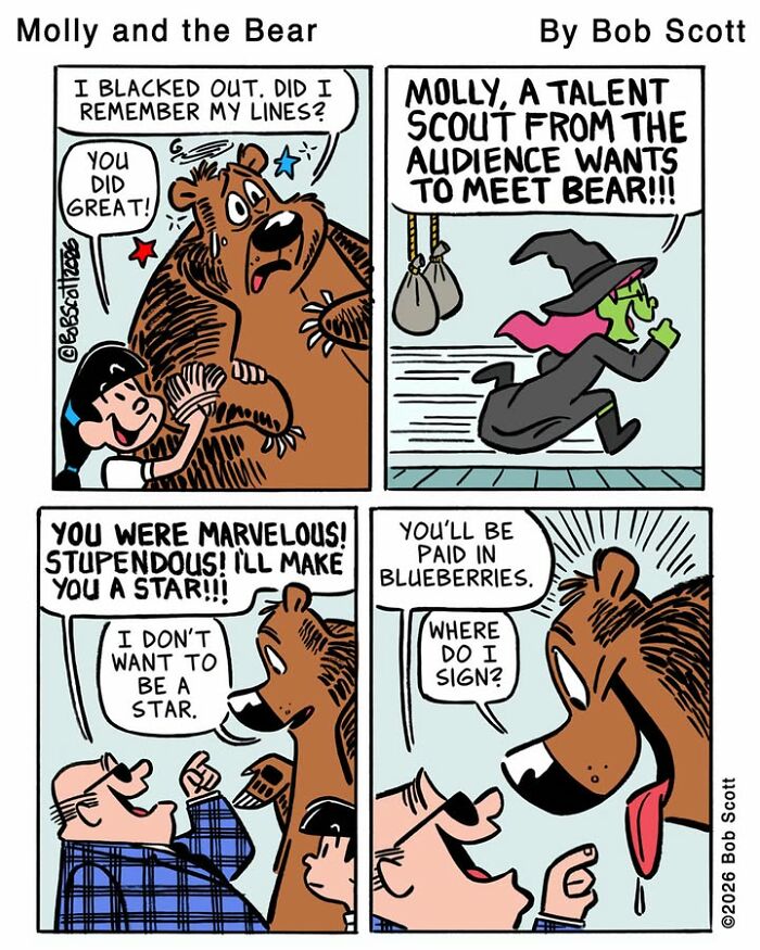 A comic of a family living with a lovable bear. A talent scout offers the bear stardom for blueberries.