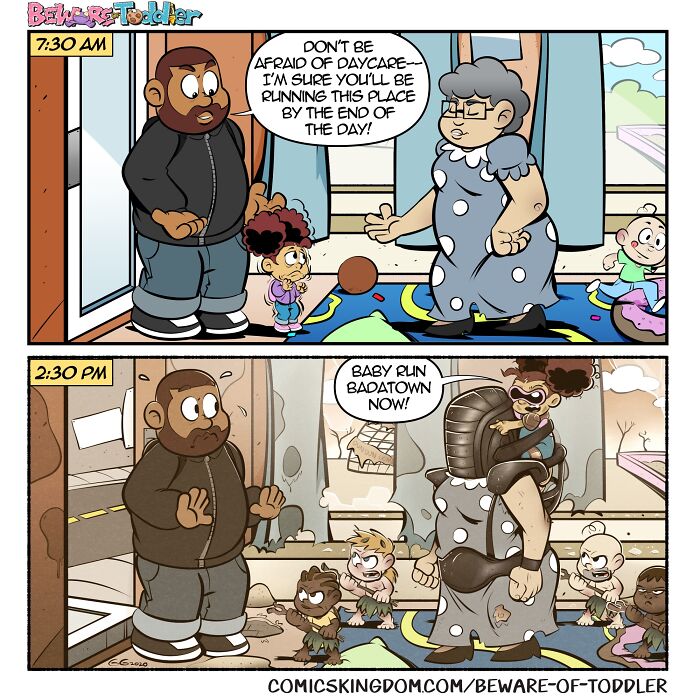 A comic about the chaos of parenting a toddler in a daycare setting, showing a transformation from timid to dominant.