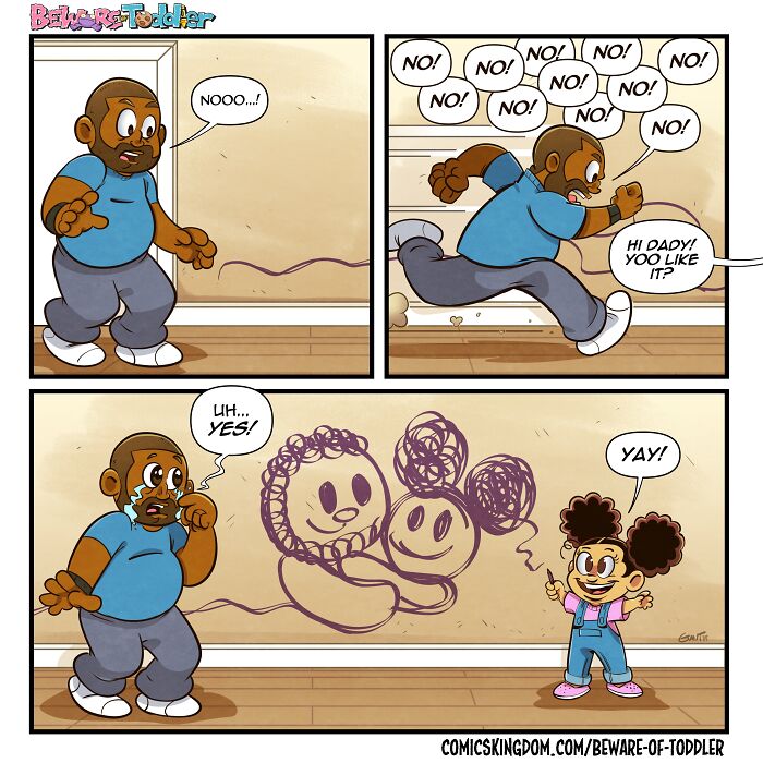 A comic showing the chaos of parenting a toddler who has drawn on the wall, much to her dad's dismay.