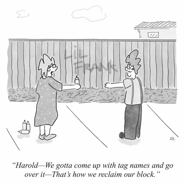 Absurd comics: Two people trying to cover graffiti on a fence, discussing how to reclaim their block.