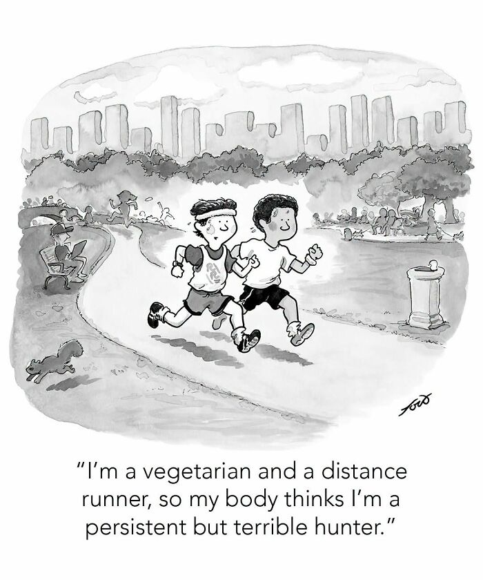 One-panel comic of two runners in a park with city skyline, reflecting on vegetarianism and running, by Tom Toro.