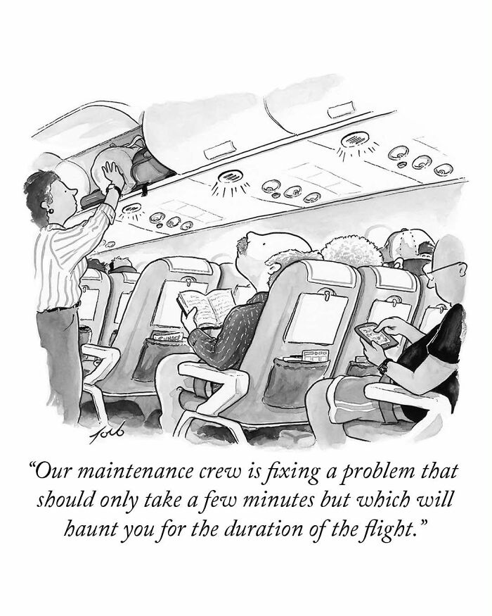 Tom Toro comic illustrating airplane passengers with a maintenance crew fixing a problem during a flight.