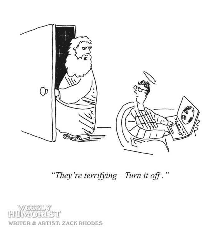 Absurd comics: God peeking through a doorway at an angel watching something terrifying on a screen.