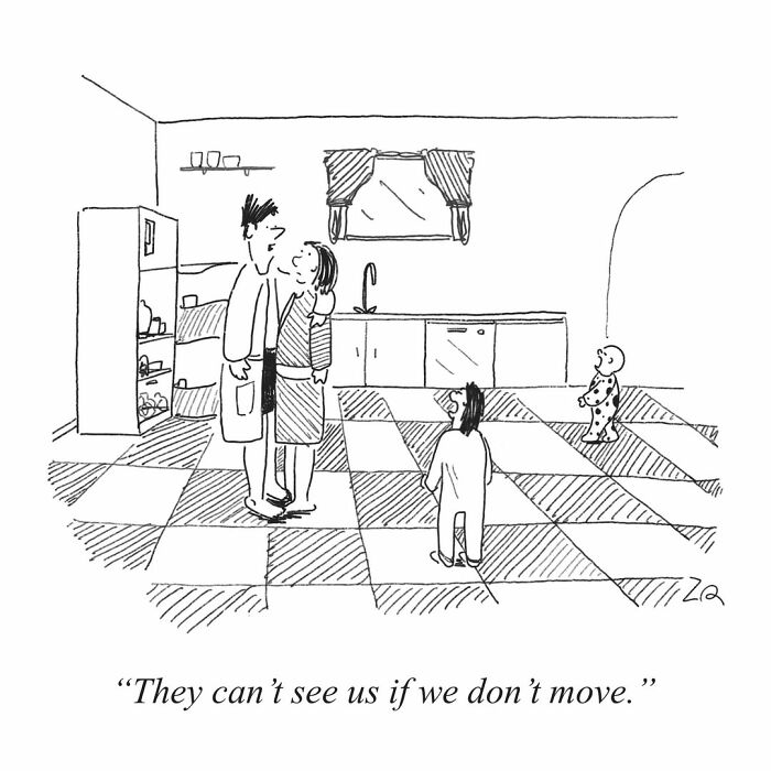Absurd comics: Parents standing still in a kitchen with two small children, trying to avoid being seen.