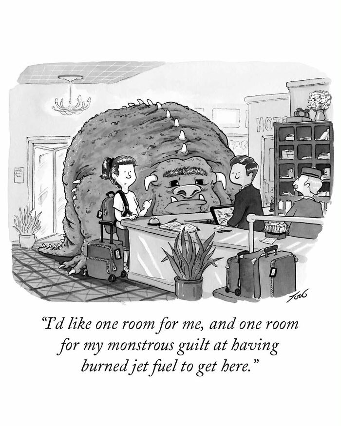 One-panel comic by Tom Toro showing a traveler and a monster symbolizing guilt over jet fuel usage at a hotel check-in.