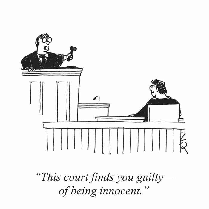 Absurd comics: A judge declares a defendant guilty of being innocent in a courtroom setting.