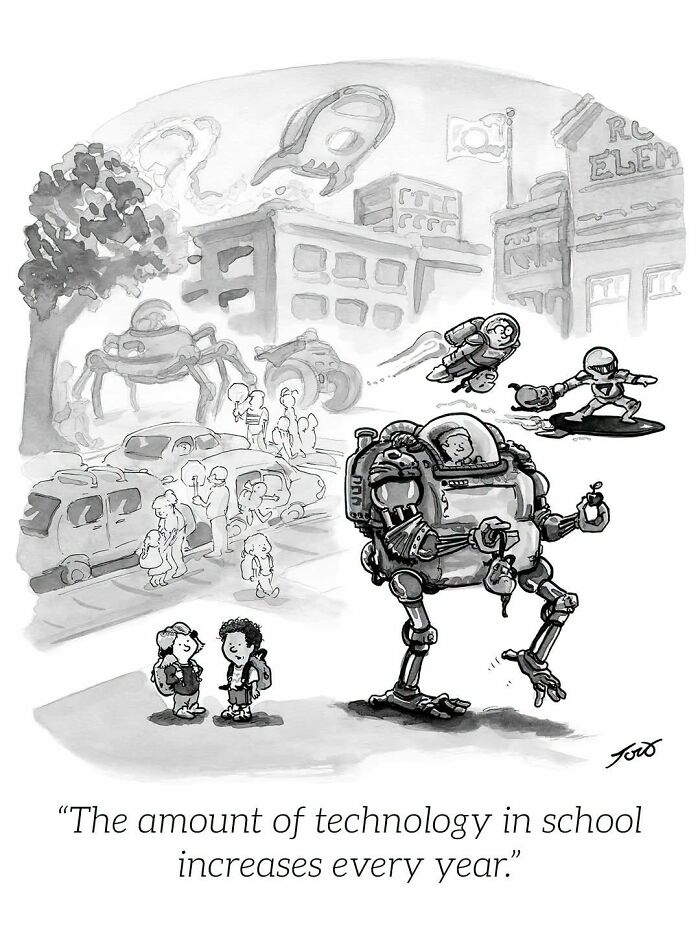 One-panel comic showing futuristic school technology with robots and kids, highlighting technology in school.