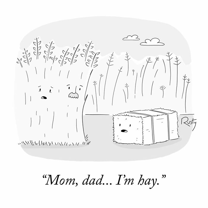 A humorous one-panel comic about a bale of hay coming out to its shocked parents.