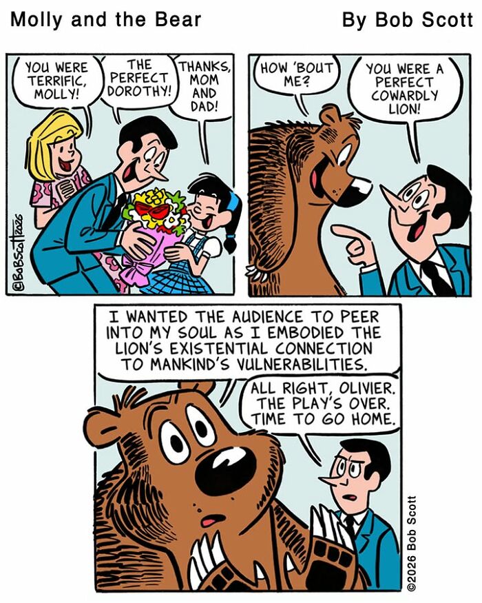 A lovable bear is called a 'cowardly lion' by a family member after a play. A comic about a bear and family.