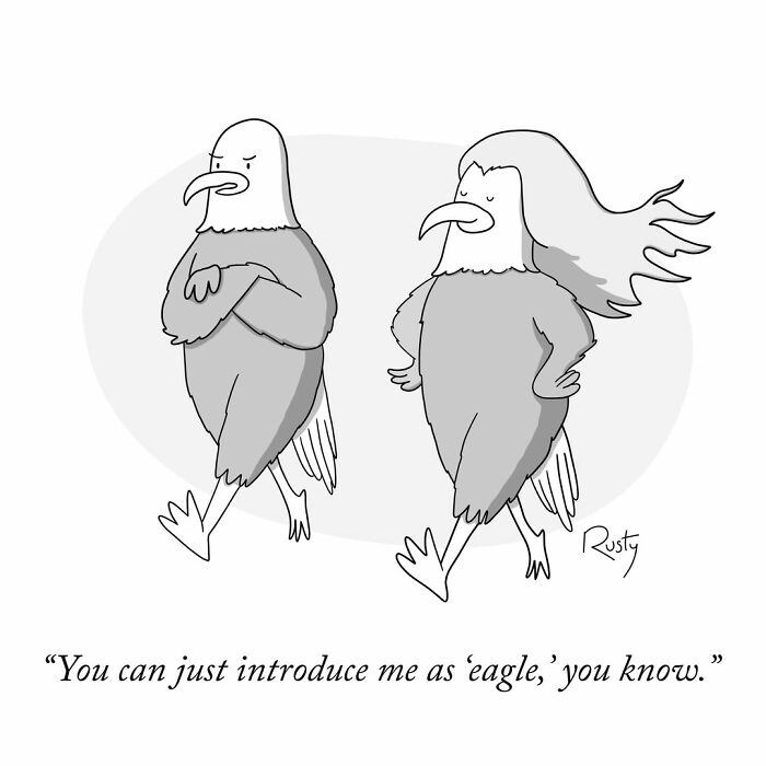 An entertaining one-panel comic showing two eagles with contrasting hairstyles walking together.