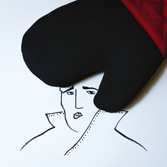 Playful illustrations with oven mitt transformed into a man's hair by Romain Joly