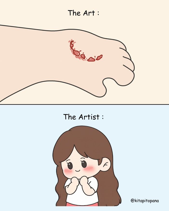Adorable relationship comic about love bites showing a bite mark as the art and the girl as the artist.