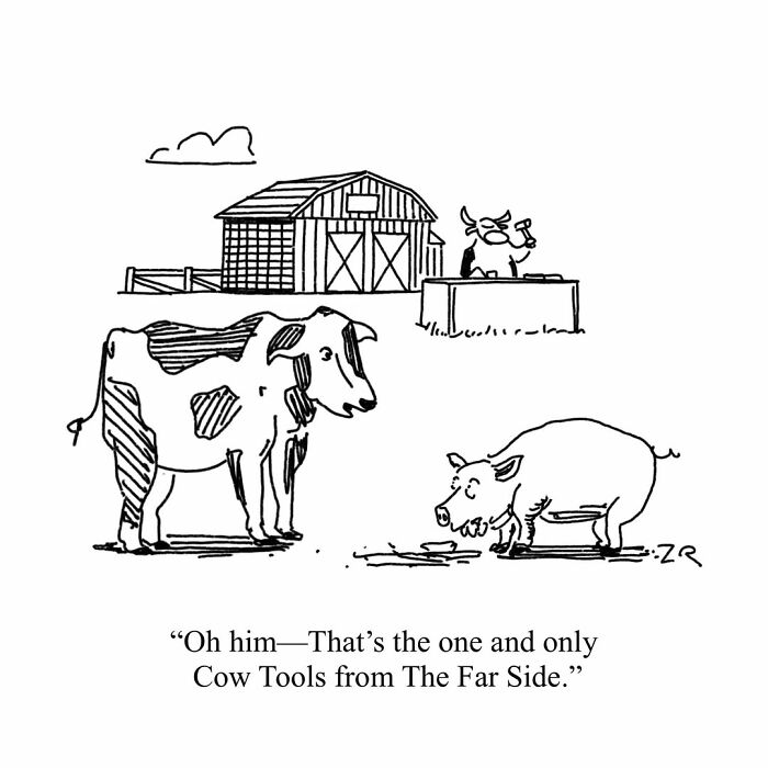 Absurd comics: A cow and a pig look at a bull with a hammer behind a stall, labeled Cow Tools.