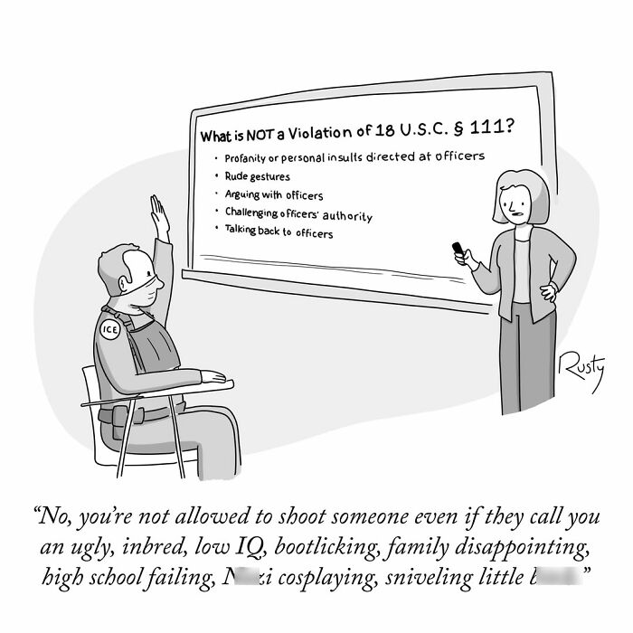 A clever one-panel comic depicting a classroom lesson on policy and rules for an officer.