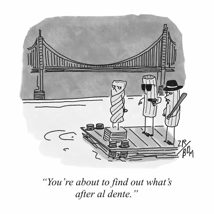 Absurd comics: Three pasta characters, two appearing as gangsters, stand on a raft under a bridge.
