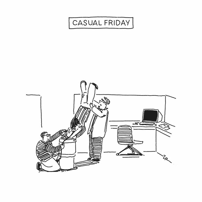 Absurd comics: Two people at an office desk are putting a third person headfirst into a trash can, labeled Casual Friday.