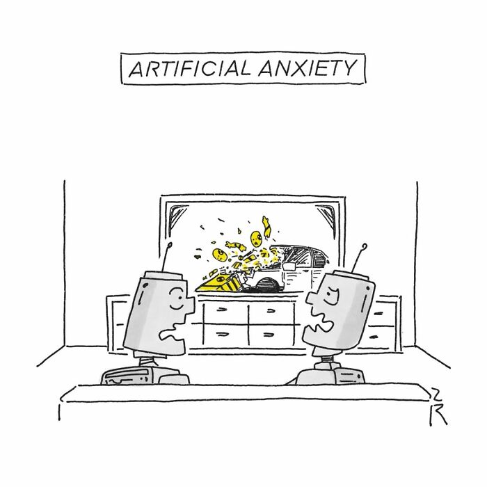 Absurd comics: Two robots watch a car crash on TV, displaying artificial anxiety.