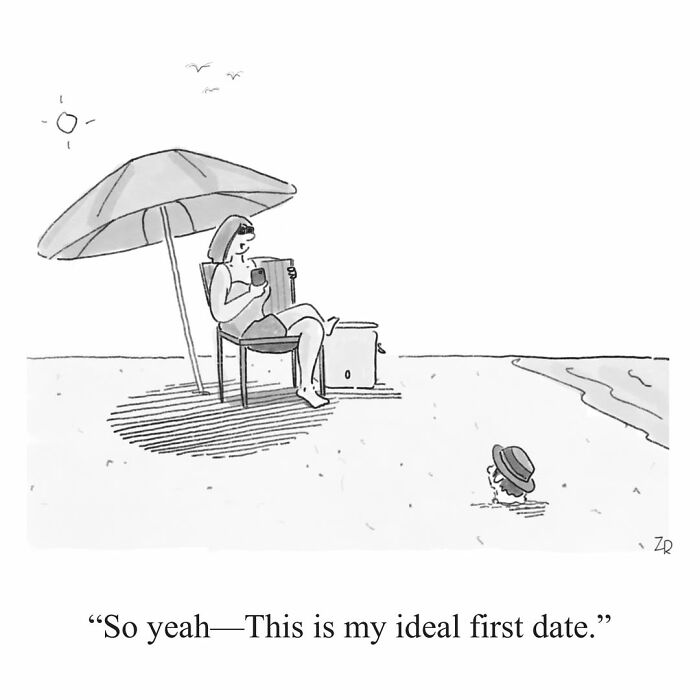 Absurd comics: A person on a beach under an umbrella, explaining their ideal first date to someone barely visible in the water.